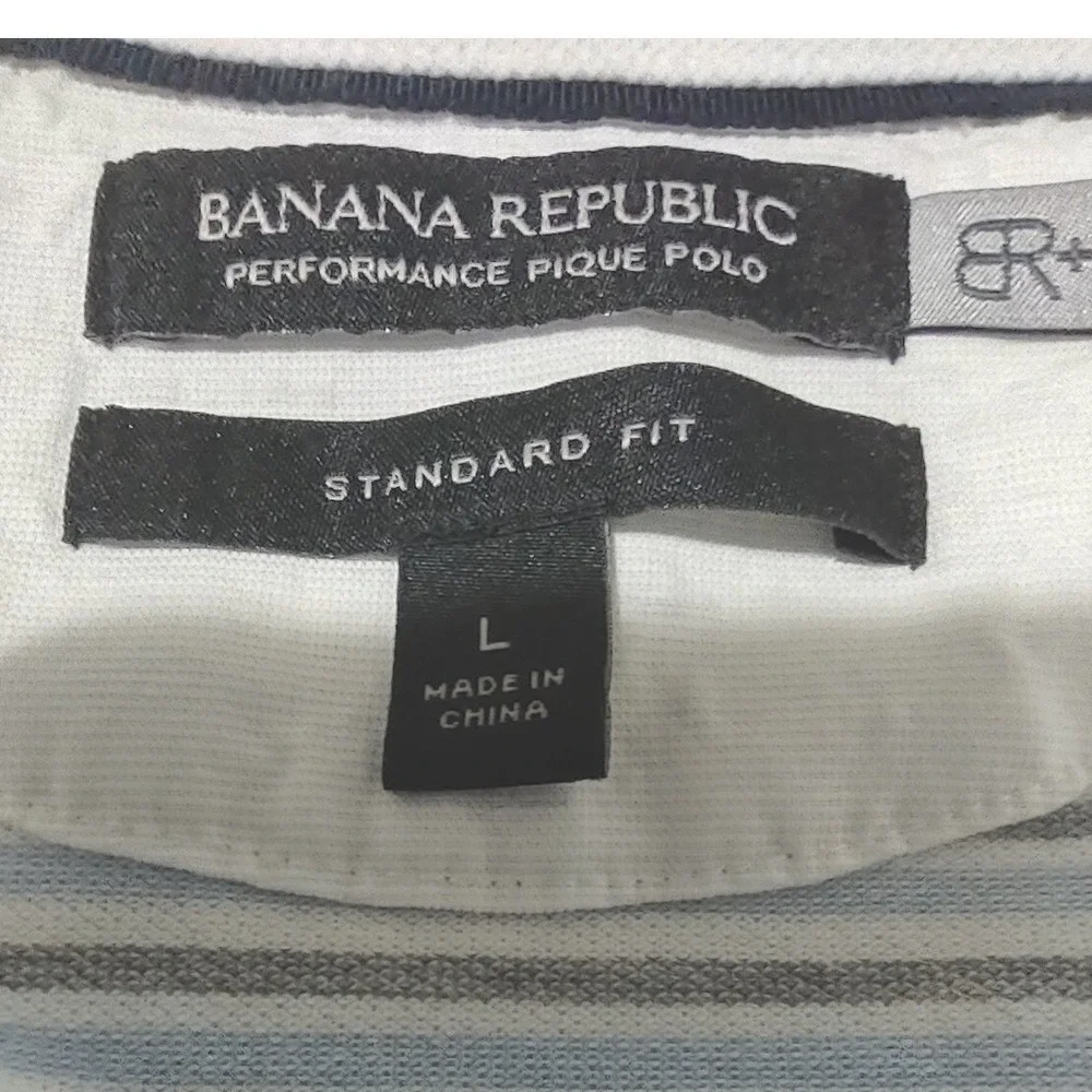 Banana Republic Polo Shirt Large Mens‎ Striped Performance Pique Gray White Bold